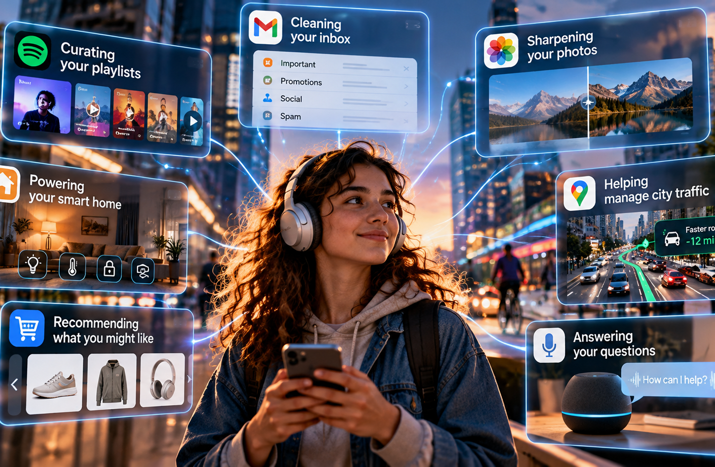 Young woman using her smartphone, surrounded by examples of AI in everyday life.