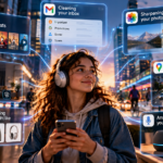 Young woman using her smartphone, surrounded by examples of AI in everyday life.