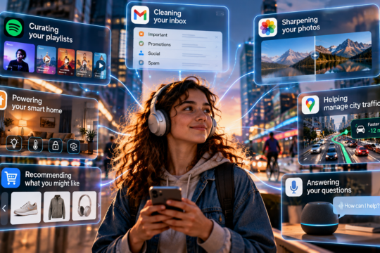 Young woman using her smartphone, surrounded by examples of AI in everyday life.