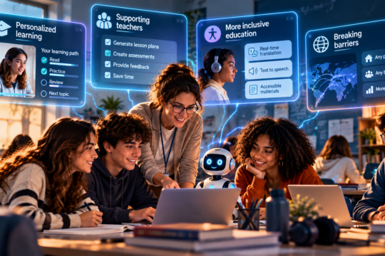Teacher guiding young students to implement AI tools to improve their education