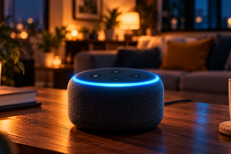 Smart speaker with voice assistant activated in a living room.