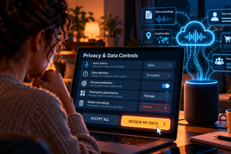 Woman reviewing privacy and data settings for a smart assistant.