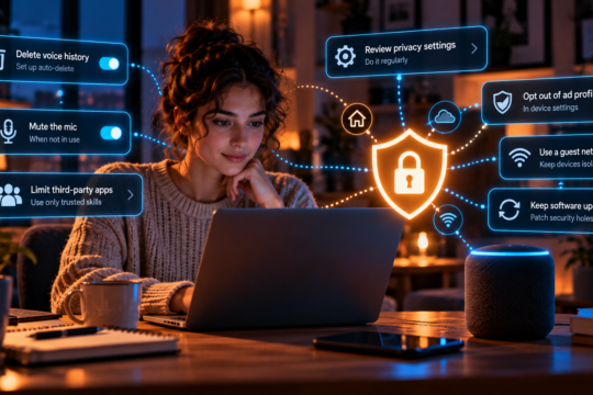 Woman managing privacy and security settings for a smart assistant.