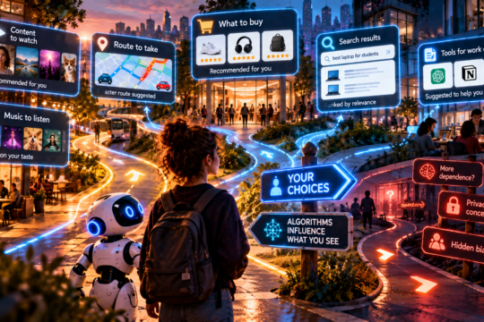 Young person navigating everyday choices influenced by Ai algorithms.