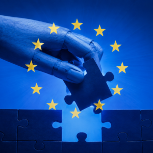 Robotic hand placing puzzle piece into a gap surrounded by the stars of the European Union.