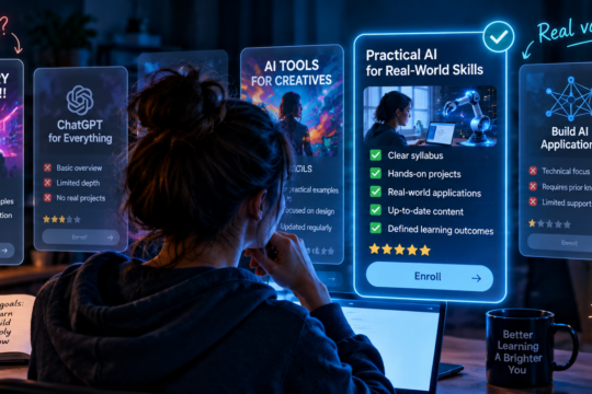 Young woman comparing and exploring different AI courses