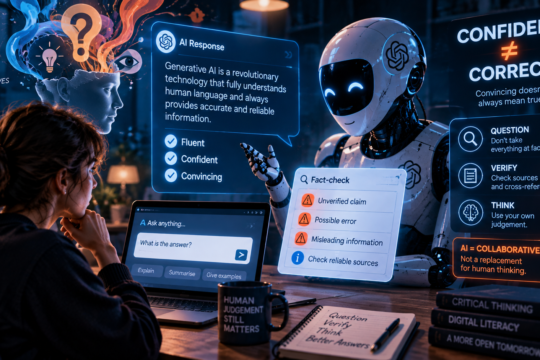 Young woman fact-checking a generative AI response and questioning common misconceptions about AI accuracy