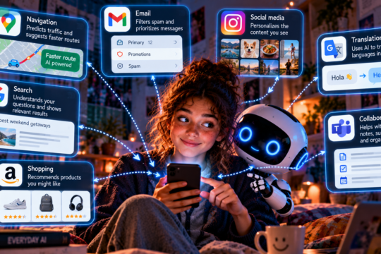 Young person using everyday apps with AI features working in the background.