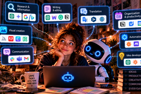 Young person using AI tools for different everyday tasks