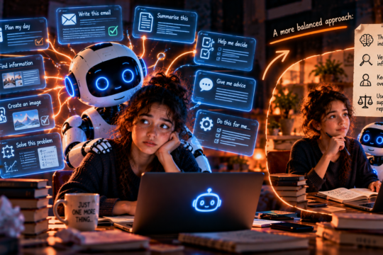 Young person trying to balance AI assistance with independent thinking.