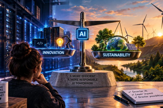 Young woman considering the balance between AI innovation and environmental sustainability.