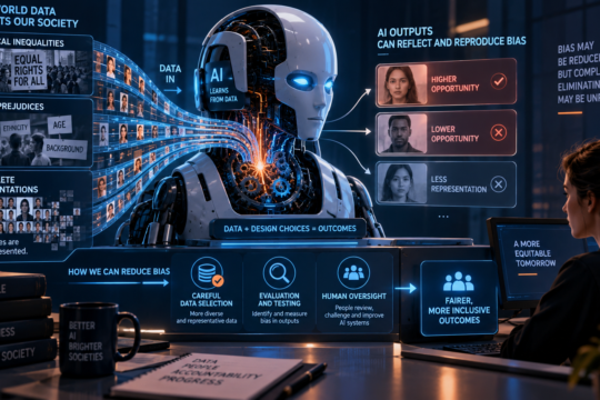 Humanoid robot illustrating how biases in real-world data can influence AI outputs.