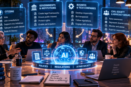 Diverse group of people discussing the shared responsibility of shaping AI governance and regulation