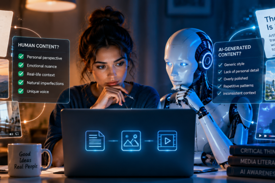 Young woman comparing human-made and AI-generated content with a humanoid robot.