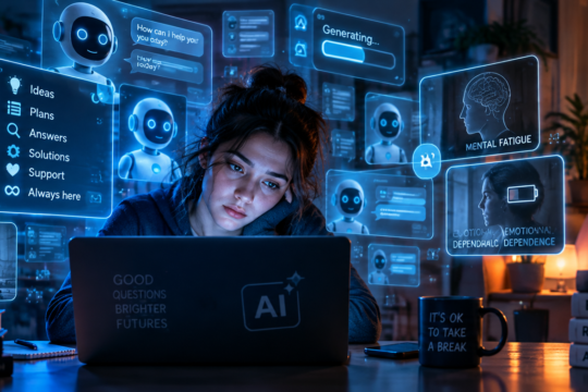 Young woman experiencing the emotional effects of excessive Ai use, while social connection remain in the background.