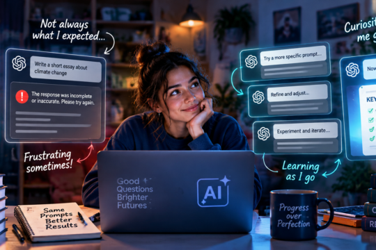 Young woman exploring both impressive and frustrating results while experimenting with AI