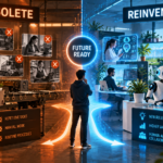 Visual contrast between jobs becoming obsolete and new roles being reinvented through AI.