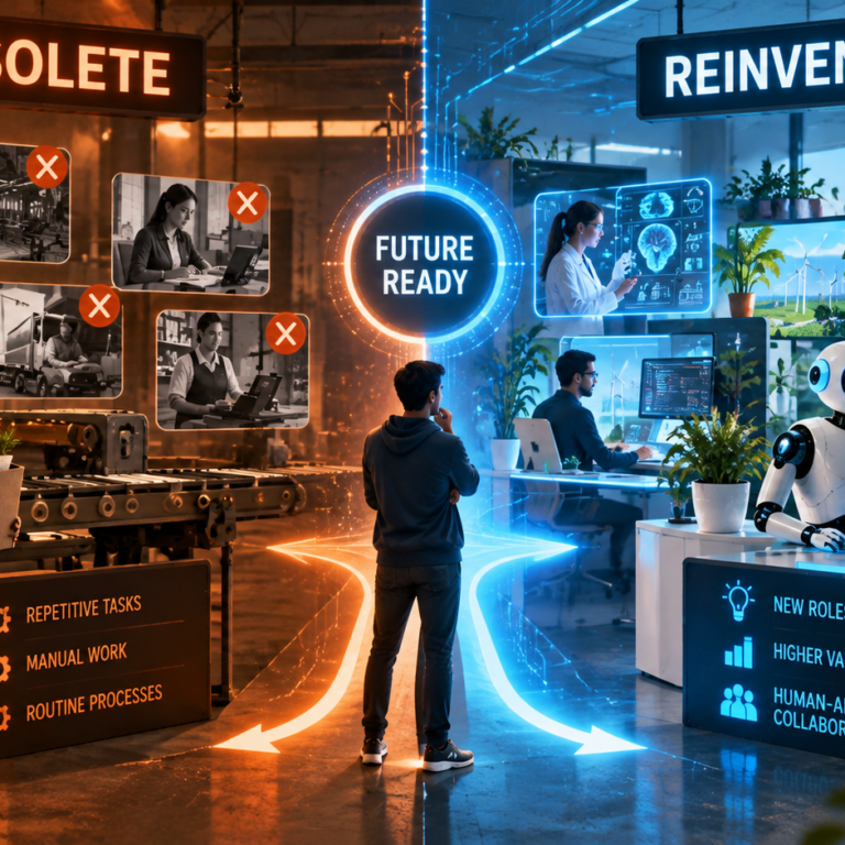 Visual contrast between jobs becoming obsolete and new roles being reinvented through AI.