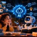 Young child learning about AI with the help of a friendly robot