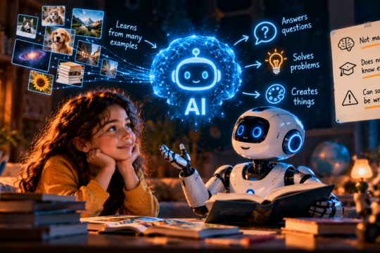 Young child learning about AI with the help of a friendly robot