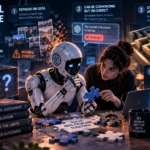 Young woman and humanoid robot exploring the main limitations of AI.
