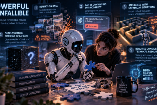 Young woman and humanoid robot exploring the main limitations of AI.