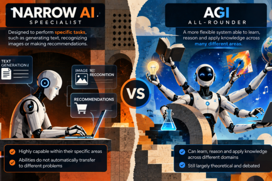 Visual comparison between Narrow AI as a specialist and AGI as a multitasker