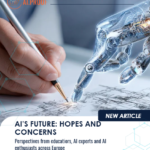 Human and robotic hands illustrating hopes and concerns