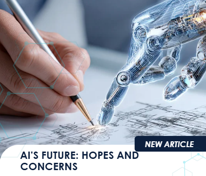 Human and robotic hands illustrating hopes and concerns