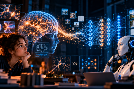 Visual comparison between a human and the human brain, and a humanoid robot and an artificial neural network.