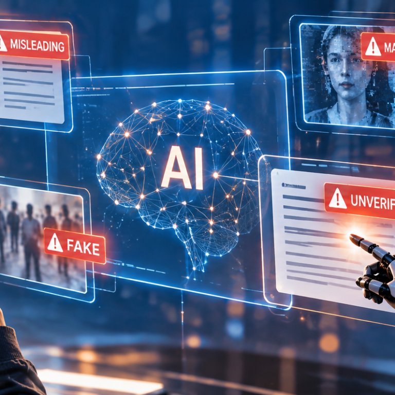 Young woman and humanoid robot exploring red flags that can help identify misleading or unreliable AI content.