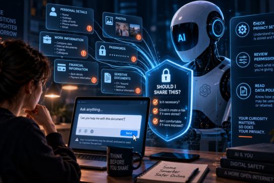 Young woman considering the privacy risks of sharing personal information with AI