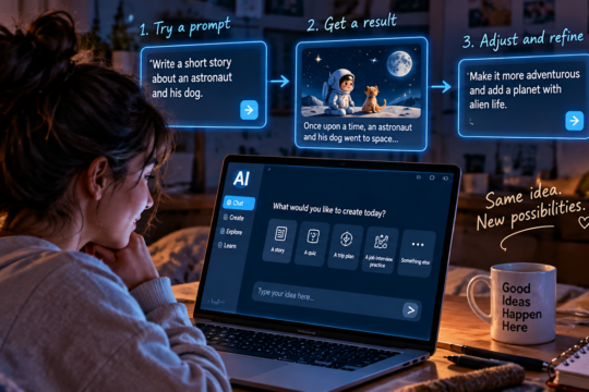 Young woman trying a simple AI activity and refining her prompt to improve the result.