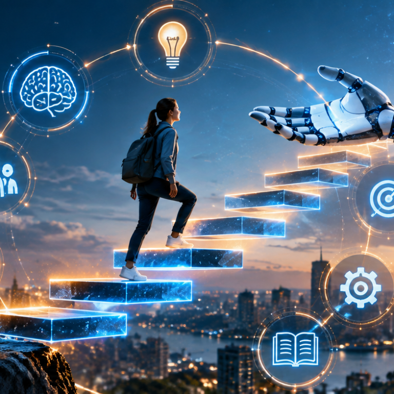 Young woman developing new skills while climbing alongside an advancing AI