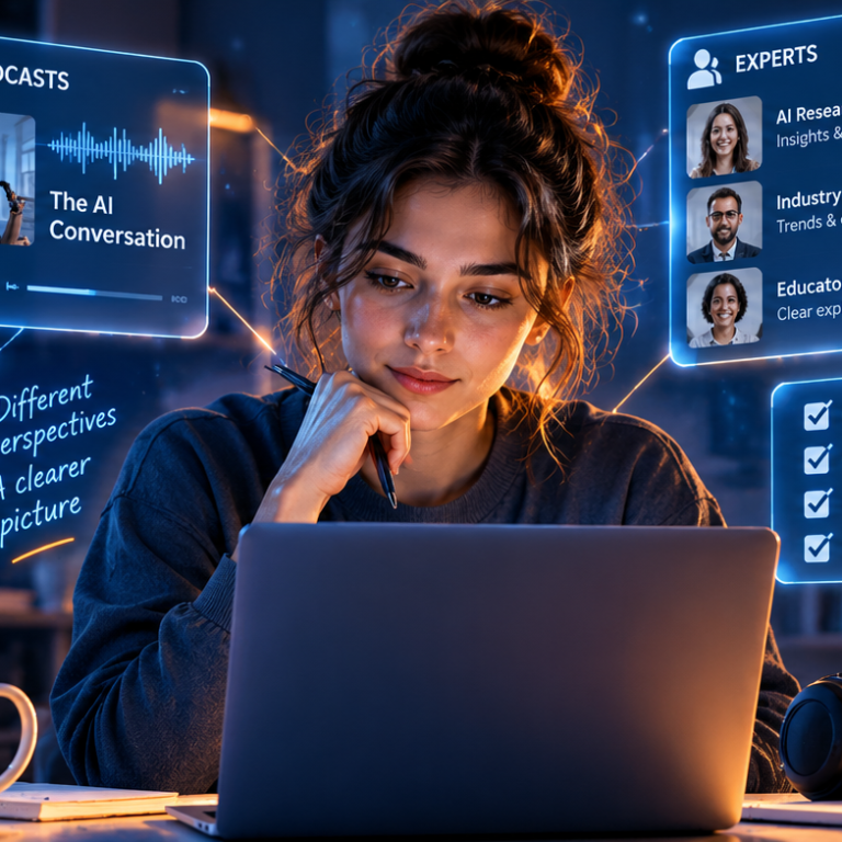Young woman exploring different trusted sources to stay informed about AI updates and developments.