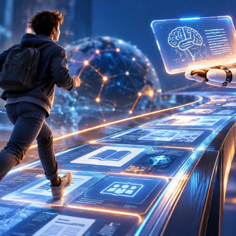 Young man keeping up with rapid AI developments by exploring new information and learning resources.