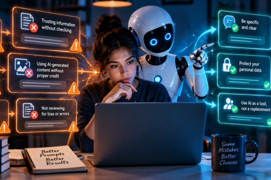 Young woman learning how to avoid mistakes when using AI.