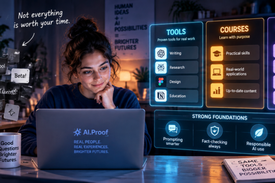 Young woman exploring trusted AI tools, courses and communities to support her learning
