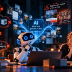 Young person examining common misconceptions and limitations of AI.
