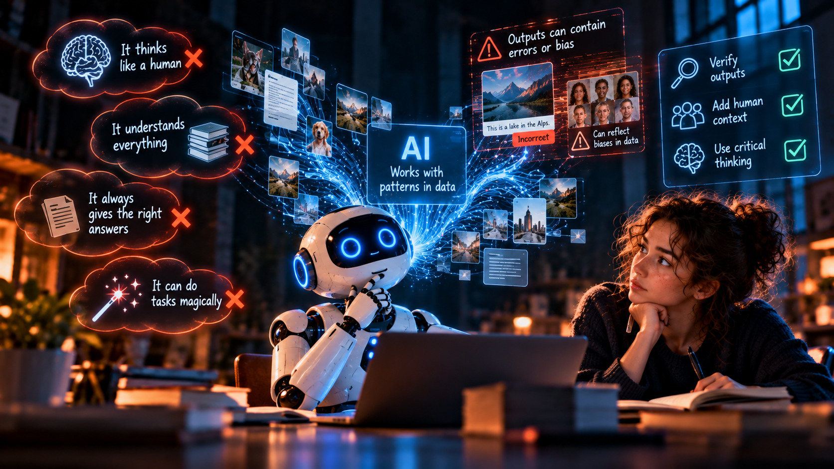 Young person examining common misconceptions and limitations of AI.