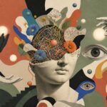 Open head filled with tangled elements and surrounded by question marks and eyes representing misconceptions about generative AI.