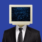 Professional-looking man with a computer for a head displaying digital code, representing AI's impact on the future of work.